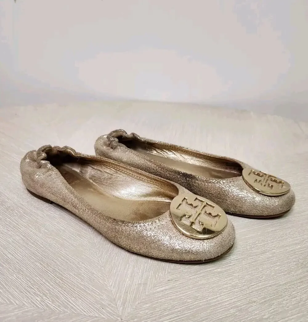 TORY BURCH 'Minnie' Travel Ballet Flat Royal Mettalic Gold Glitter Logo Sz 6M